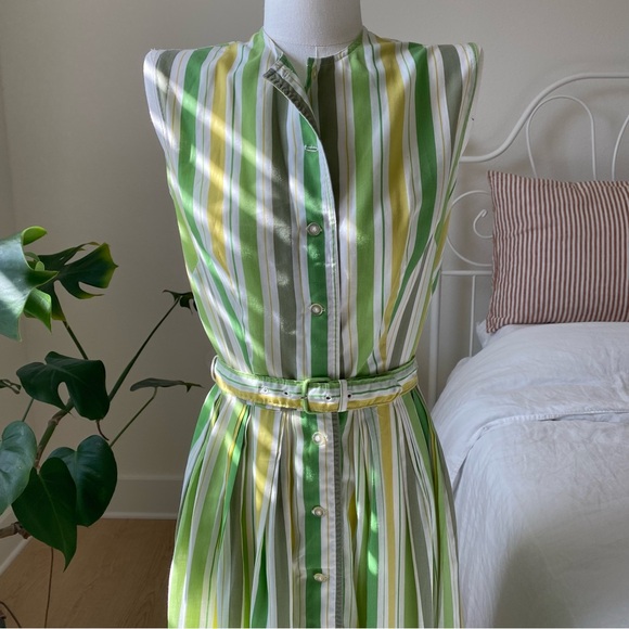 Vintage Green Lemon Candy Stripe Shirt Dress w/ Belt Kenny Classics by Donnkenny - Picture 3 of 13